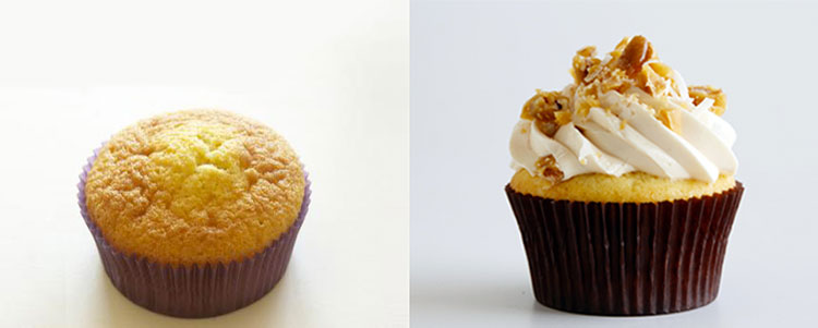 Image de 2 cupcakes l'un avec et l'autre sans glaçage